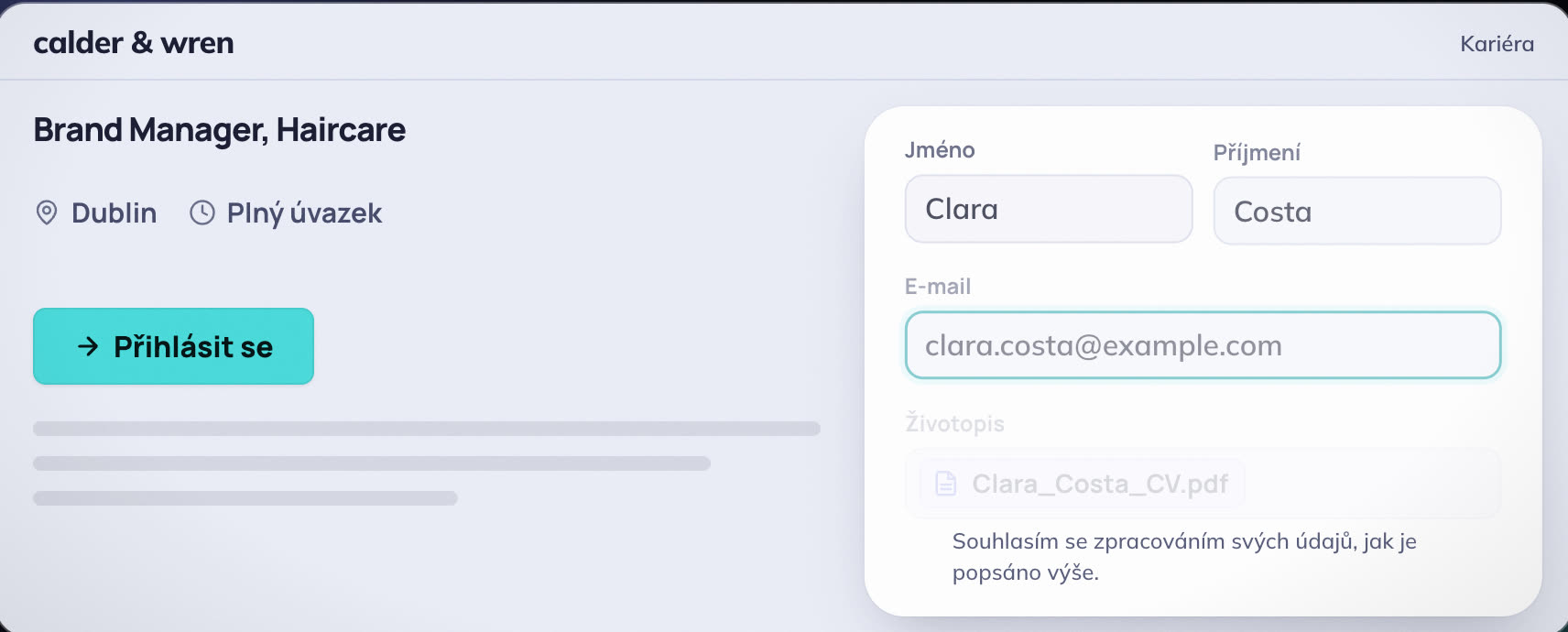 Stránka pozice Brand Manager, Haircare s formulářem přihlášky: jméno, příjmení, e-mail, životopis, souhlas
