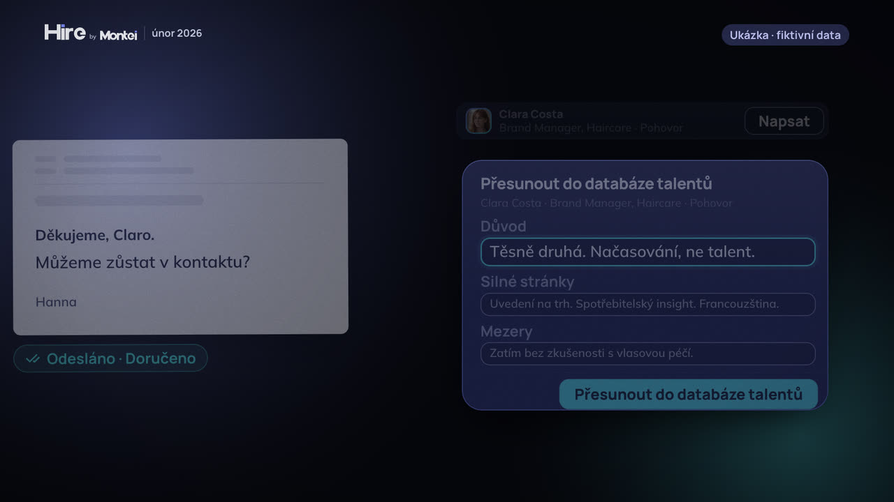 Dialog Přesunout do databáze talentů s důvodem, silnými stránkami a mezerami a karta kandidátky v talent poolu