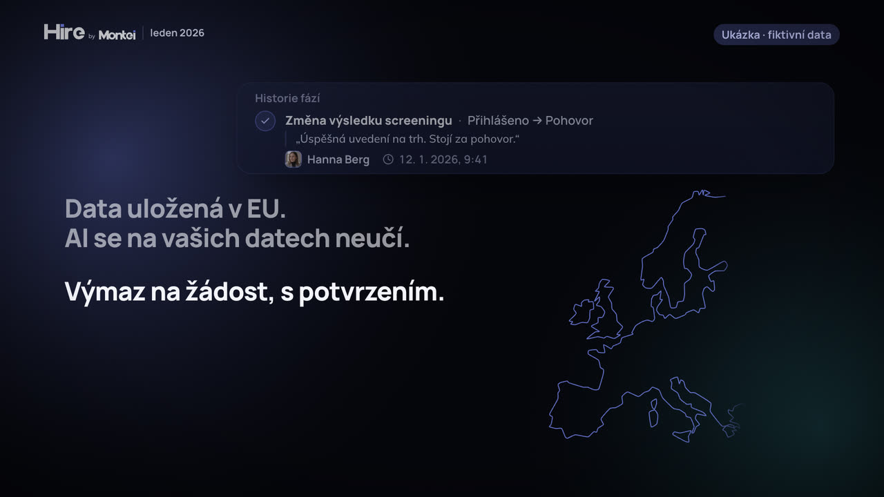 Historie fází se záznamem změny výsledku screeningu a obrys Evropy s textem Data uložená v EU, AI se na vašich datech neučí