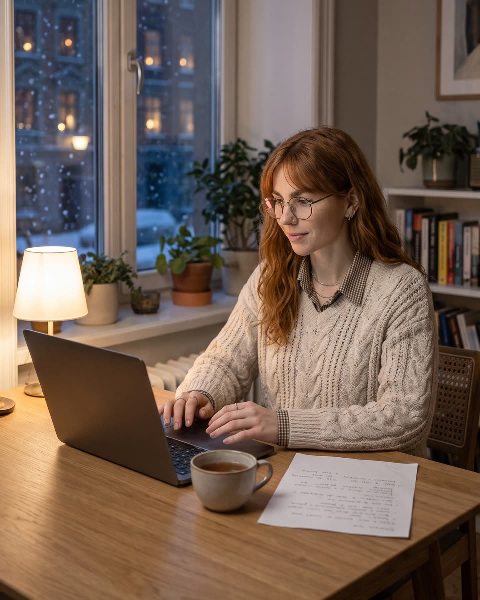 Zimní večer, Clara u notebooku posílá přihlášku