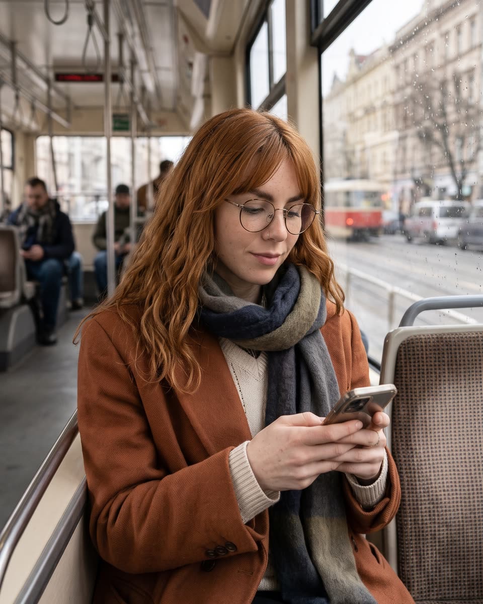 Clara v tramvaji čte zprávu v telefonu